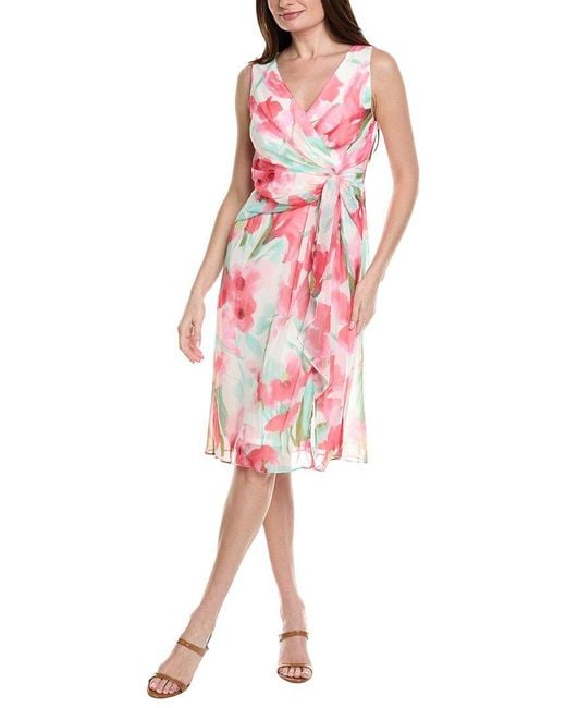 Adrianna Papell Red Draped Floral Chiffon Midi Sheath Dress