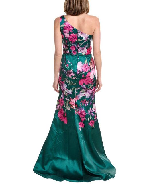 Rene Ruiz Green One Shoulder Printed Mikado Gown