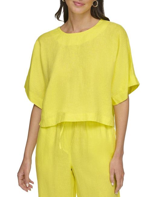 DKNY Yellow Drop Shoulder Linen Cropped T-Shirt