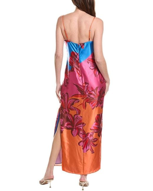 MILLY Red Lily Sunset Flower Printed Satin Maxi Dress