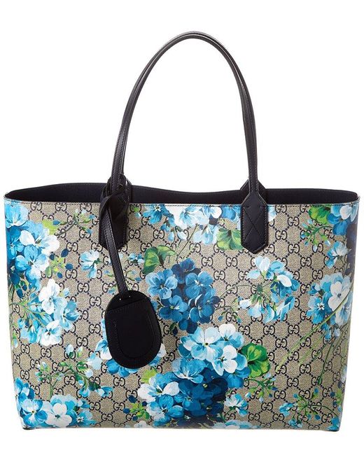 Gucci Blue Reversible GG Blooms Supreme Canvas & Leather Tote