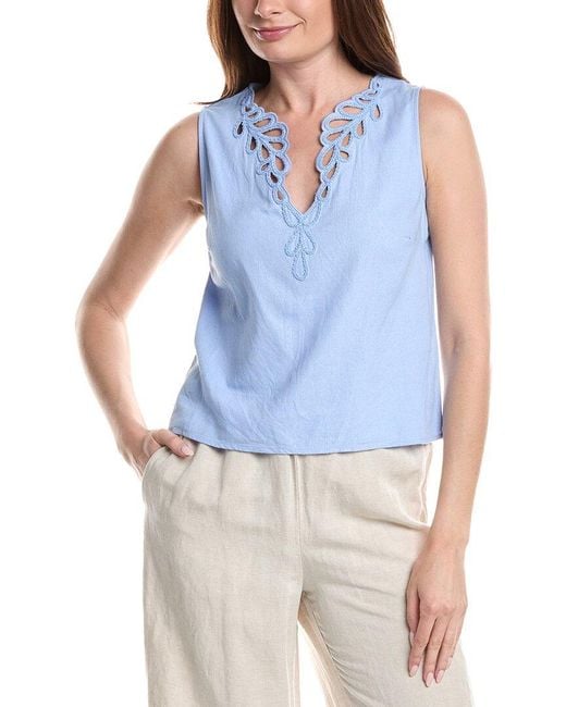 Ellen Tracy Blue Embroidered Linen-Blend Tank Top