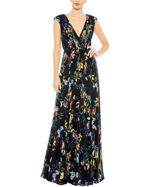 Mac Duggal Green Pleated Floral Cap Sleeve A Line Gown