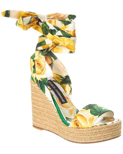 Dolce & Gabbana Yellow Printed Charmeuse Wedge Sandal