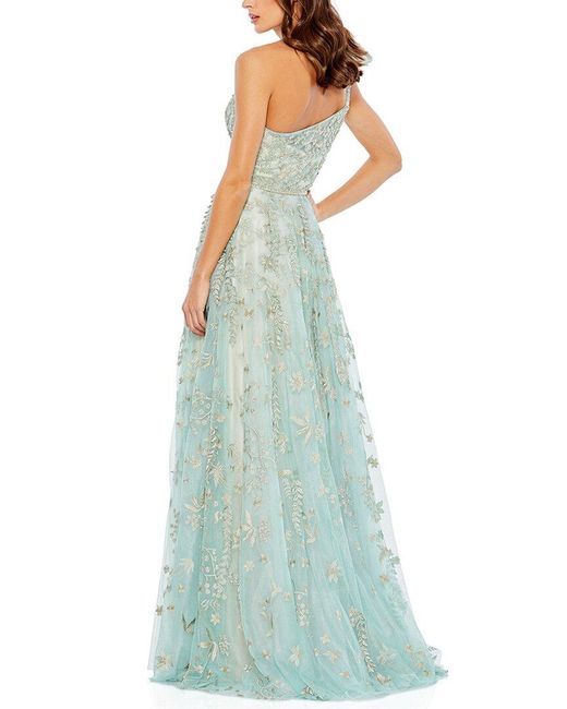 Mac Duggal Blue Embellished Bow One-shoulder A-line Gown