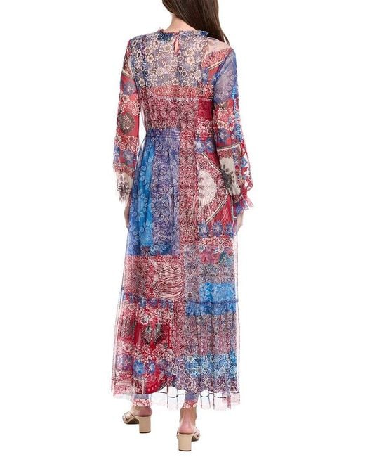 Johnny Was Blue Mazzy Ruffle Neck Dress