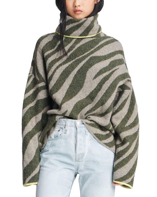 Rag & Bone Green Kiki Funnel-neck Zebra Sweater