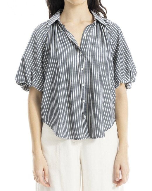 Max Studio Blue Bubble Sleeve Button Front Shirt