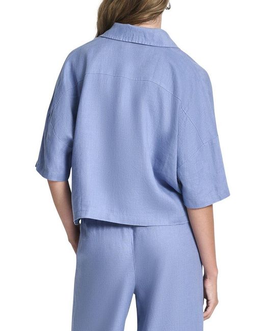DKNY Blue Convertible Collar Linen Shirt