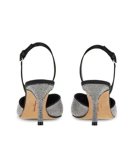 Ferragamo Black Crystal Embellished Leather Slingback