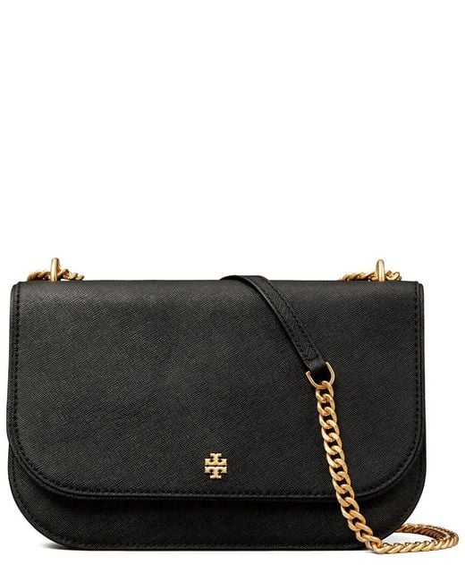 Tory Burch Black Emerson E/W Flap Adjustable Leather Shoulder Bag