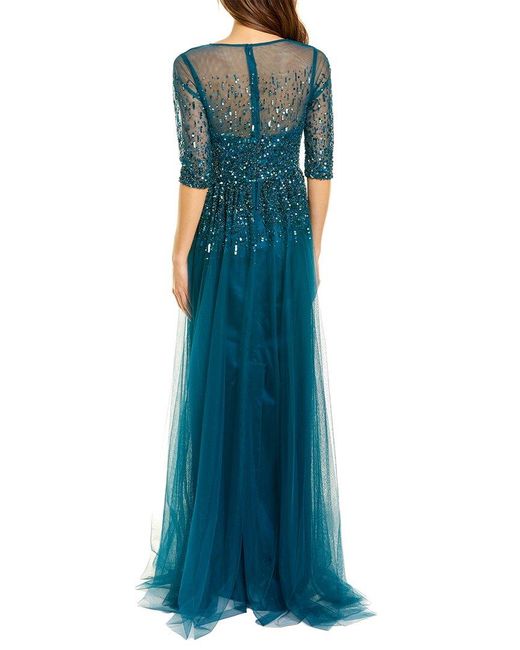 Teri Jon Tulle Embroidered Gown in Blue 