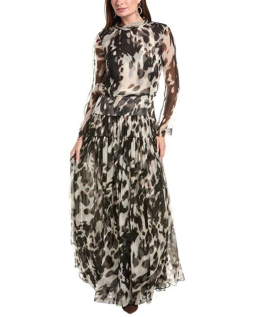Oscar de la Renta White Tie-Neck Cow Print Silk Maxi Dress