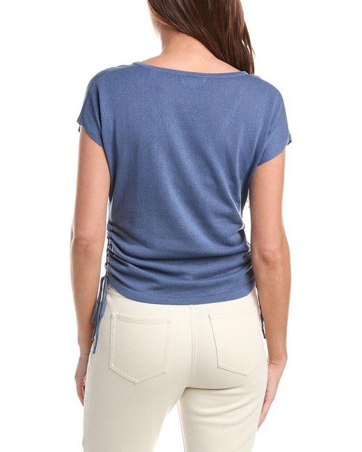 Max Studio Blue Ruched Cap Sleeve Linen-Blend Sweater