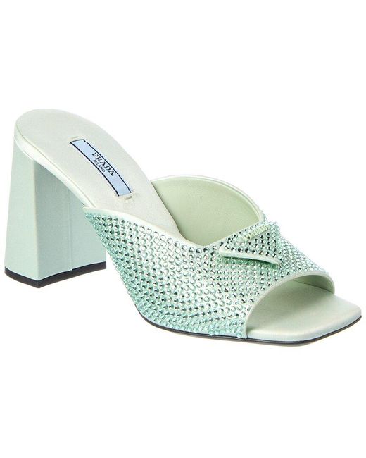 Prada Green Logo Crystals Satin Sandal