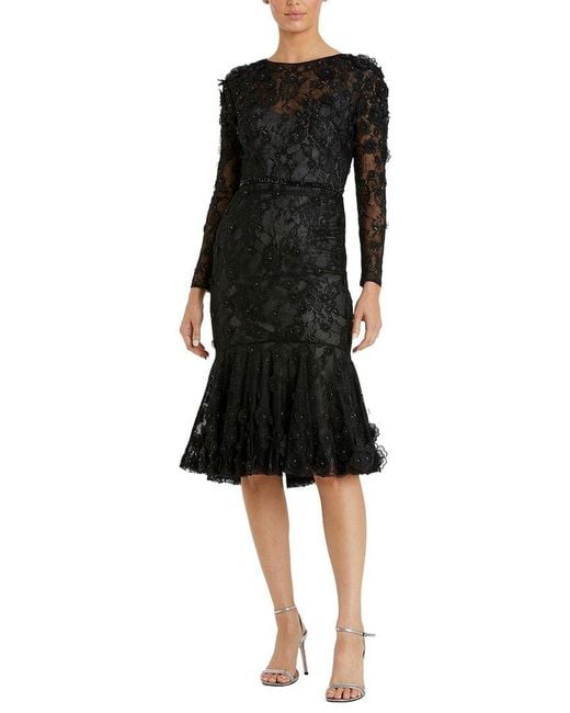 Mac Duggal Black Floral Applique Long Sleeve Cocktail Dress