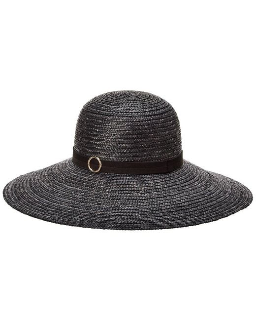 Bruno Magli Black Wide Brim Leather-trim Straw Hat