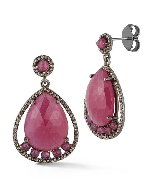 Banji Jewelry Multicolor Silver 42.26 Ct. Tw. Diamond & Glass Filled Ruby Drop Earrings