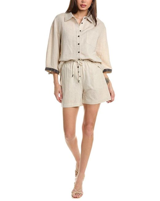 Beulah London Natural 2pc Linen-blend Shirt & Short Set