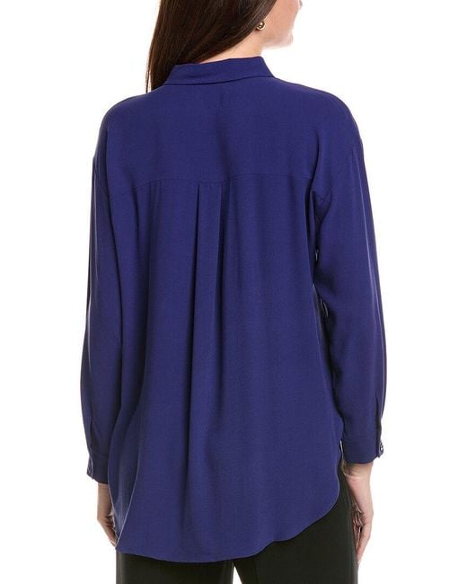 Eileen Fisher Blue Petite Classic Collar Long Silk Shirt