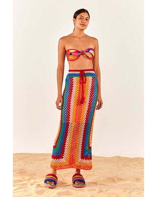 Farm Rio Orange Striped Scarf Crochet Midi Skirt