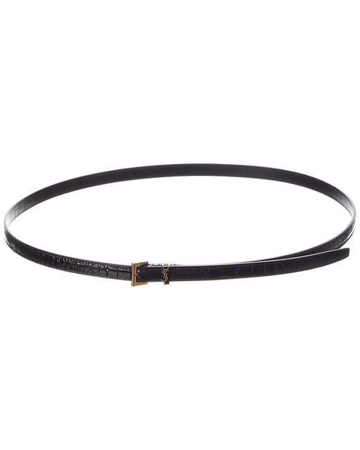 Saint Laurent White Cassandre Thin Croc-Embossed Leather Belt