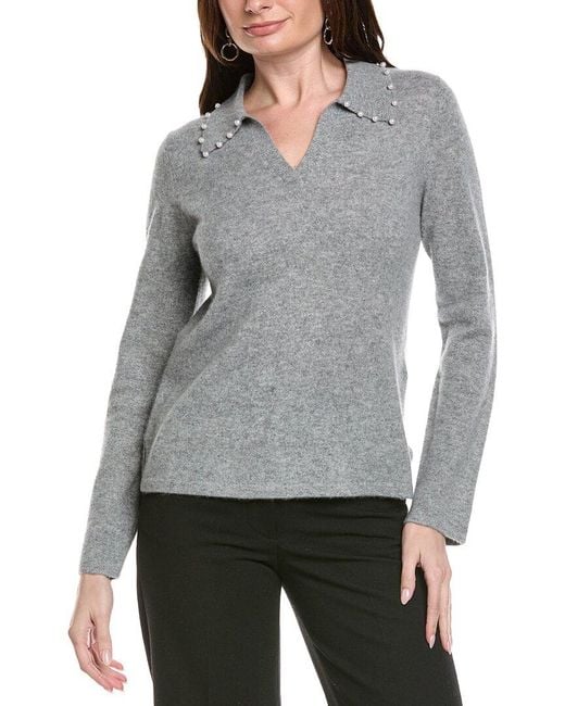 Joseph Ribkoff Gray 100% Cashmere Embellished-Collar Top