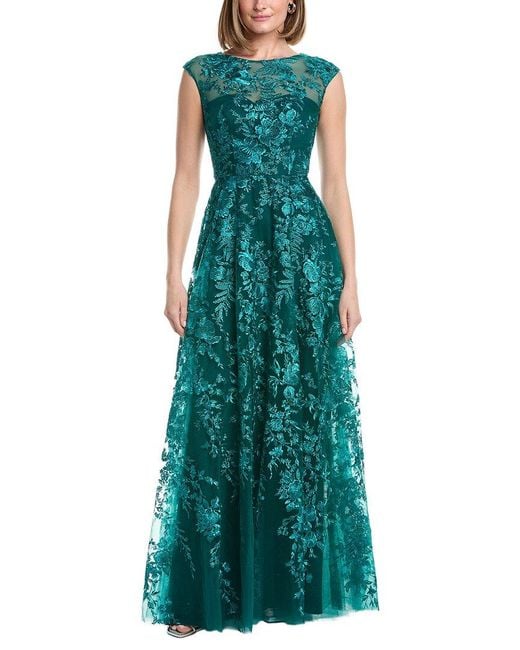 Rene Ruiz Green Off-The-Shoulder Embroidered Tulle Gown