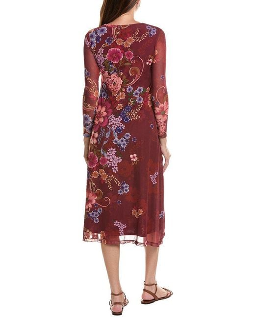 Johnny Was Red Petite Long Sleeve V-Neck Mesh Midi Dress