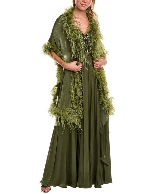 Badgley Mischka Green Feather Wrap Gown