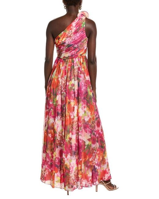 Badgley Mischka Red One Shoulder Ruffle Gown