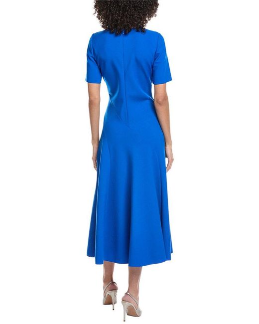 Oscar de la Renta Blue Wave Detail Stretch Wool-Blend Maxi Dress