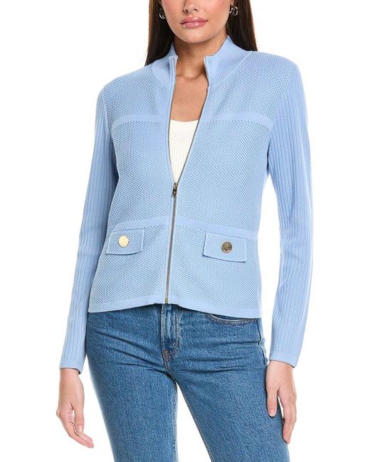 St. John Blue Stretch Micro Pique Knit Collared Zip-Up Jacket