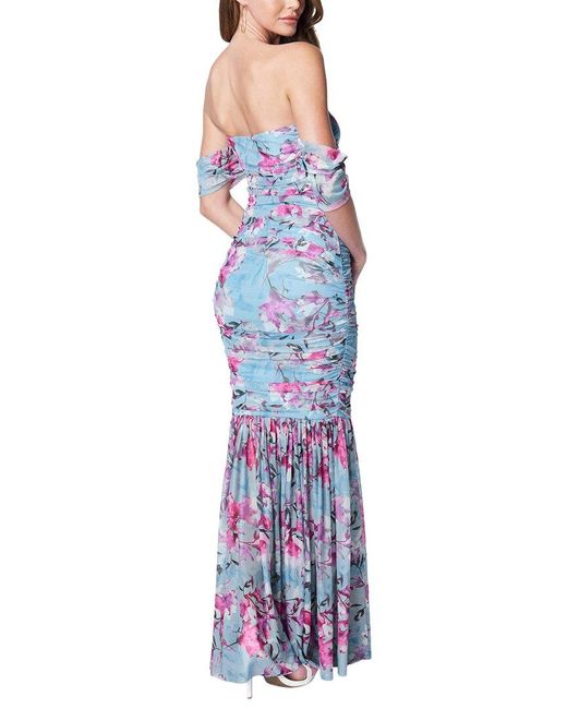 Bebe Blue Off-Shoulder Mesh Gown