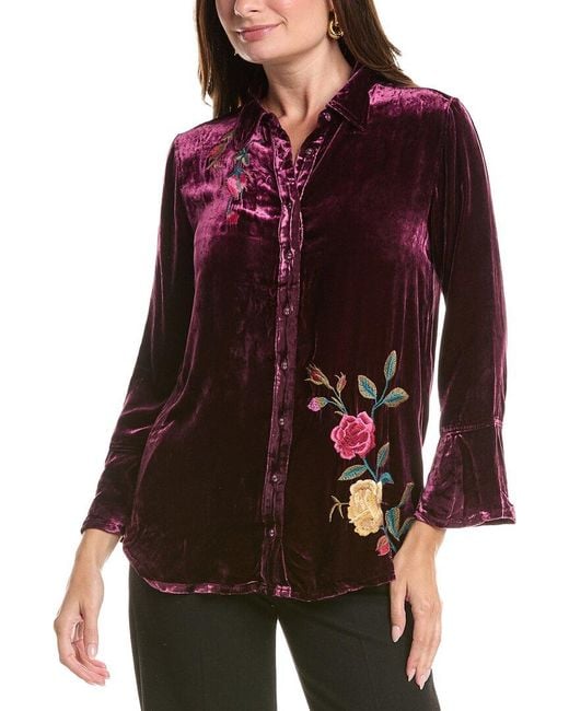 Johnny Was Red Flounce Sleeve Velvet Silk-Blend Shirt