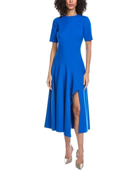 Oscar de la Renta Blue Wave Detail Stretch Wool-Blend Maxi Dress