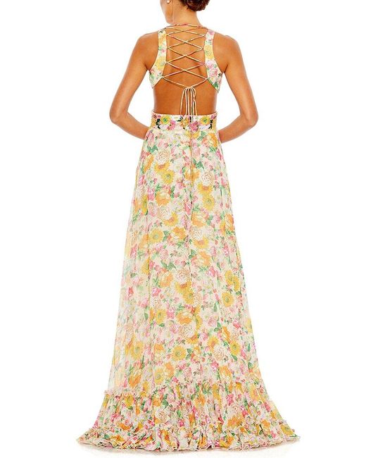 Mac Duggal Metallic Floral Print Cut Out Lace Up Tiered Gown