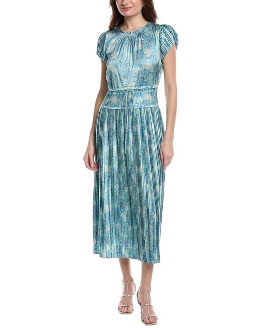 Rebecca Taylor Blue Astera Fleur Pleated Midi Dress
