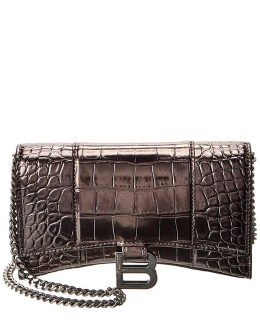 Balenciaga Brown Hourglass Croc-embossed Leather Wallet On Chain