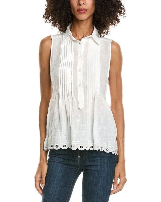 Max Studio White Scallop Edge Half Placket Shirt