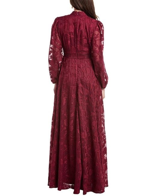 Rene Ruiz Red High-Neck Bishop Sleeve Cinch Waist Gown