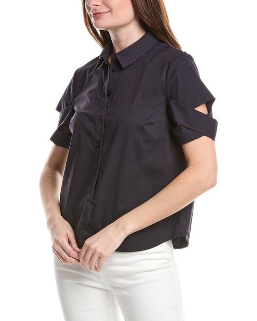 Renuar Blue Woven Button Front Blouse