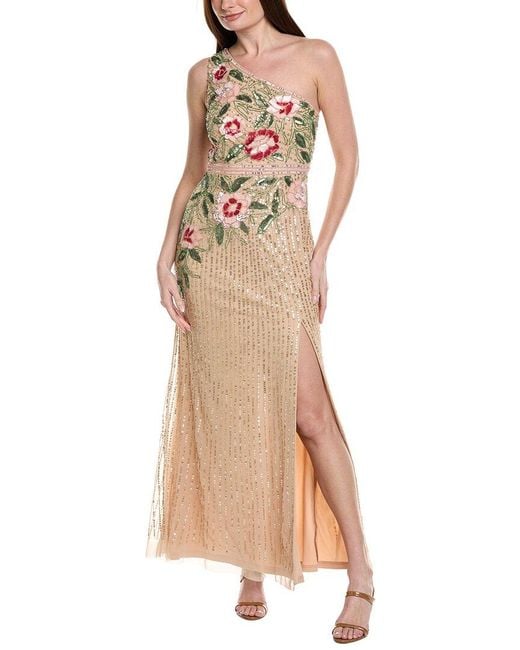 Adrianna Papell Natural One-Shoulder Floral Sequin Bead Gown