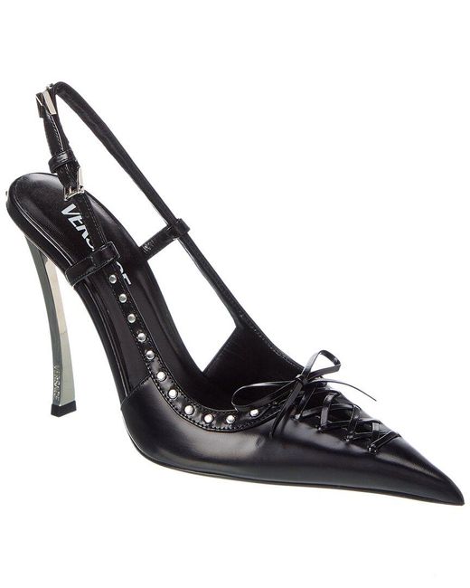 Versace Black Laced Pin-point Leather Slingback Pump