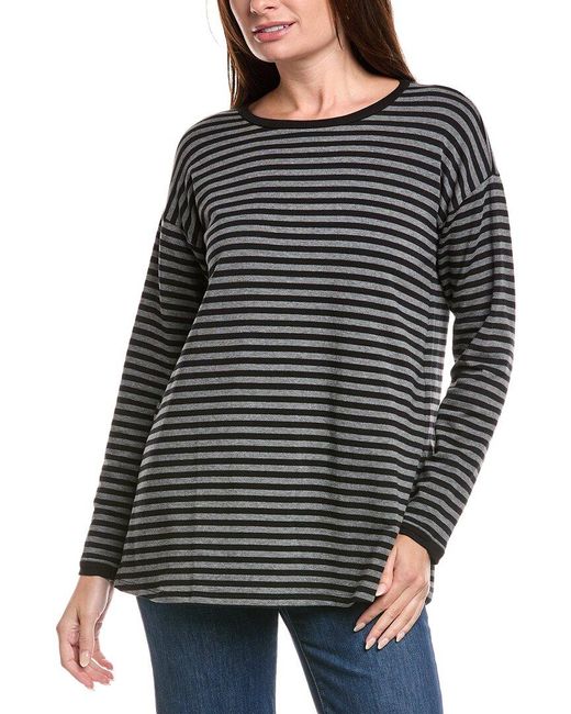 Eileen Fisher Black Petite Striped Cozy Brushed Terry Hug Long Box Top