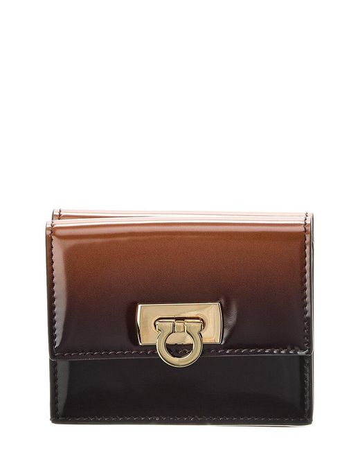 Ferragamo Brown Gancini Clasp Leather Card Case Wallet