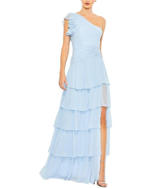 Mac Duggal Blue Ruffle Tiered One Flutter Sleeve Gown