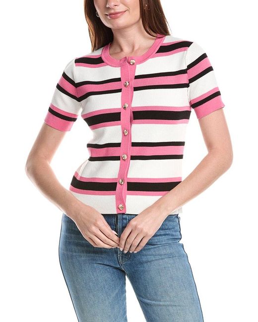 Tahari Pink Rib Striped Button Front Top