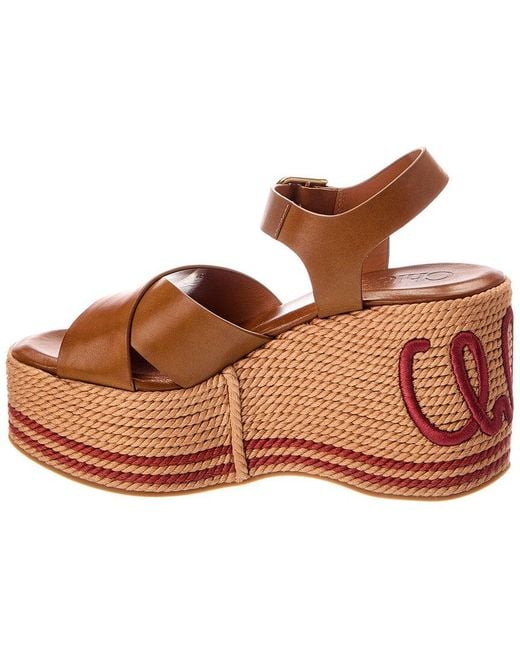 Chloé Brown Sand Raffia & Leather Wedge Sandal
