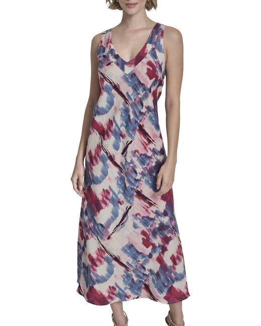 DKNY Purple Printed V-Neck Linen Midi Dress